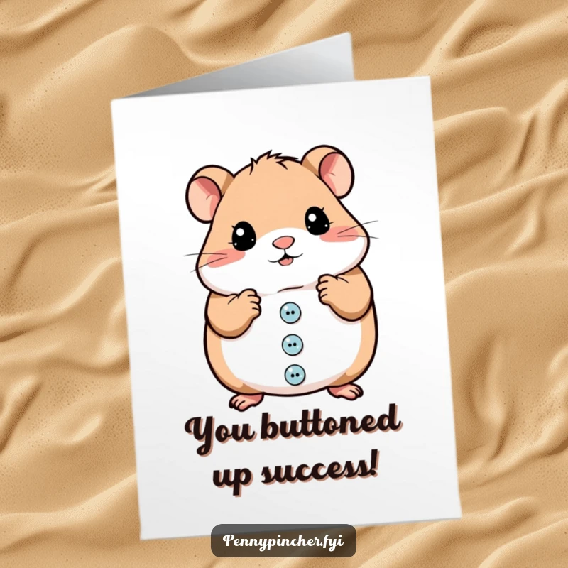 Funny Free Printable Congratulations Card featuring a hamster character proudly organizing a treasure trove of shiny buttons.