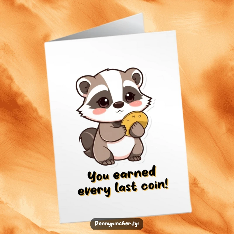 Funny Free Printable Congratulations card showing a cautious badger character concealing a single coin behind its back, a hidden treasure.