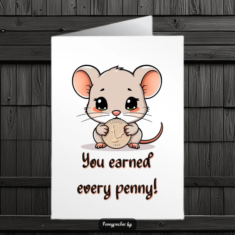 Funny Free Printable Congratulations Card shows a careful mouse fiercely guarding a single, bright penny, celebrating a small win.
