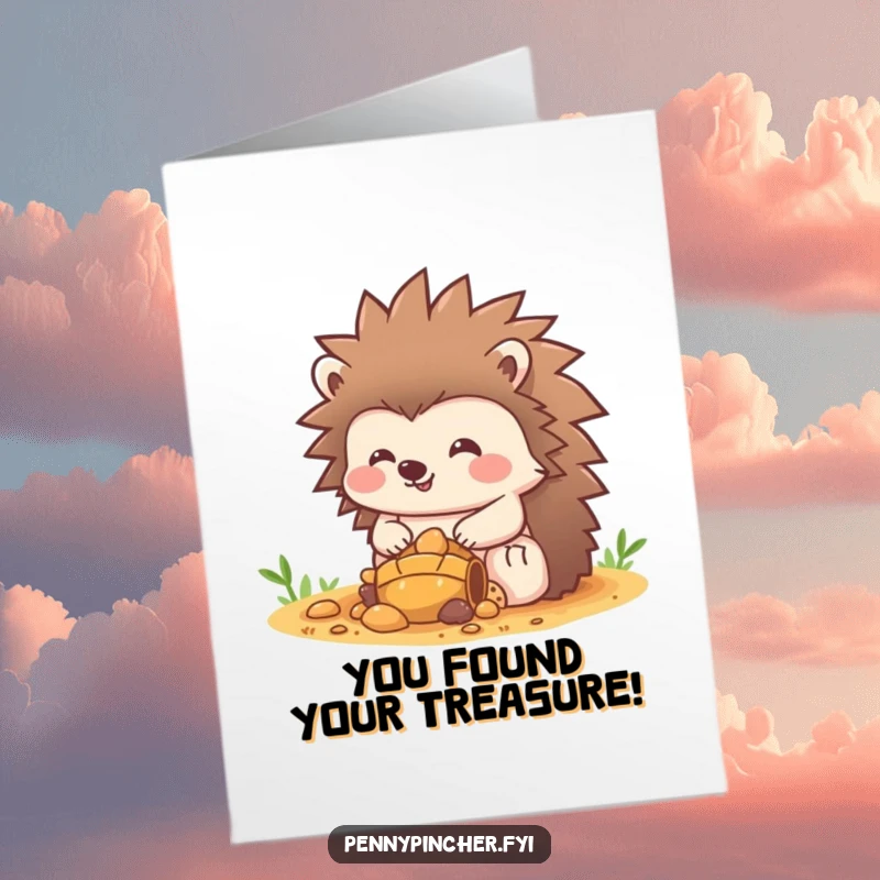 Funny Free Printable Congrats Card: A cheerful hedgehog protectively sits atop a glittering pile of treasure, celebrating success.