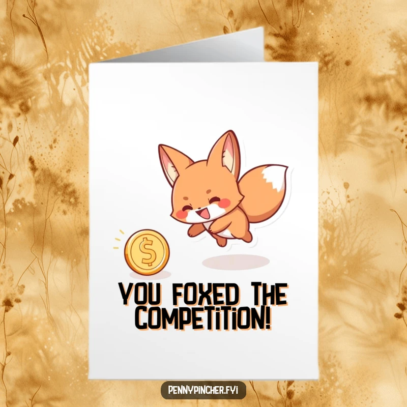 Funny Free Printable Congrats Card: A sly fox grinning as it chases a rolling coin, symbolizing a successful pursuit of goals.