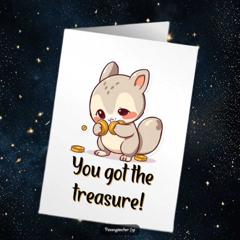 Funny Free Printable Congratulations Card: Mischievous animal character caught red-pawed hiding coins, a humorous downloadable greeting for winners.