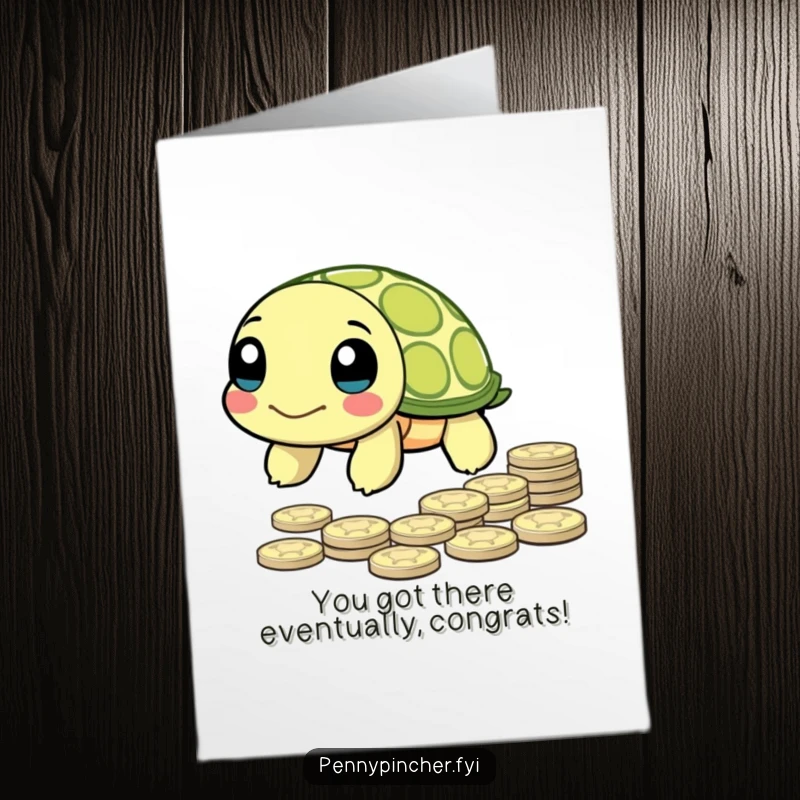 Funny Free Printable Congratulations Card: A focused turtle character slowly moving towards a pile of shiny pennies.