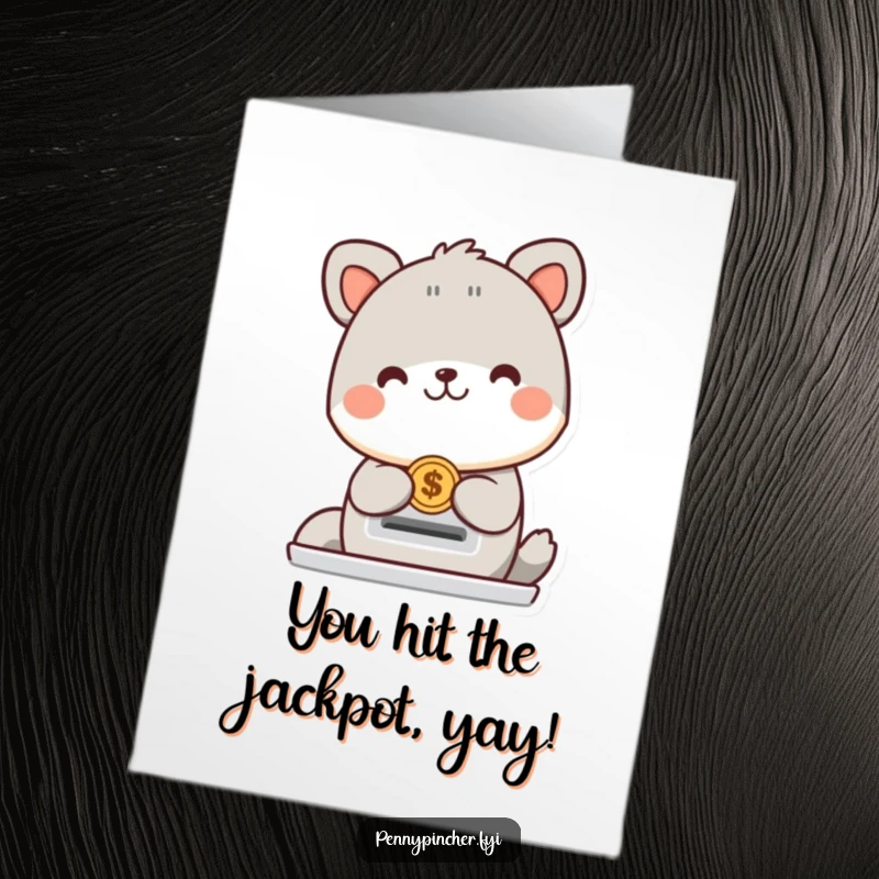 Funny Free Printable Congratulations Card: An animal character happily inserts a coin into a slot, celebrating victory.