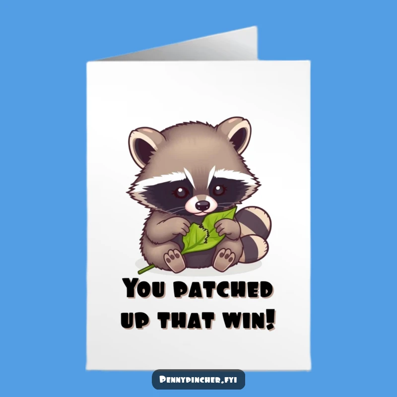Free Printable Congrats Card: Raccoon Mending Leaf Funny DIY Gift Downloadable