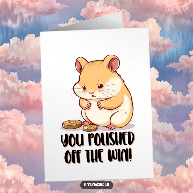 Funny Free Printable Congratulations Card: A determined hamster meticulously polishes a tiny penny to a brilliant shine.
