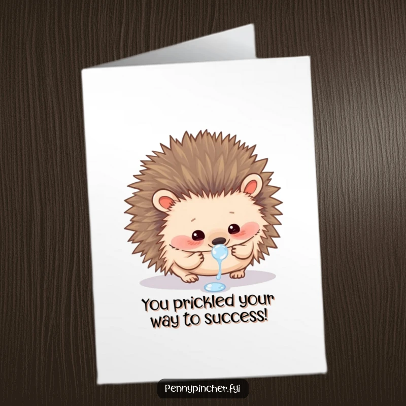 Funny Free Printable congratulations card showing a curious hedgehog carefully inspecting a dewdrop with gentle fascination.