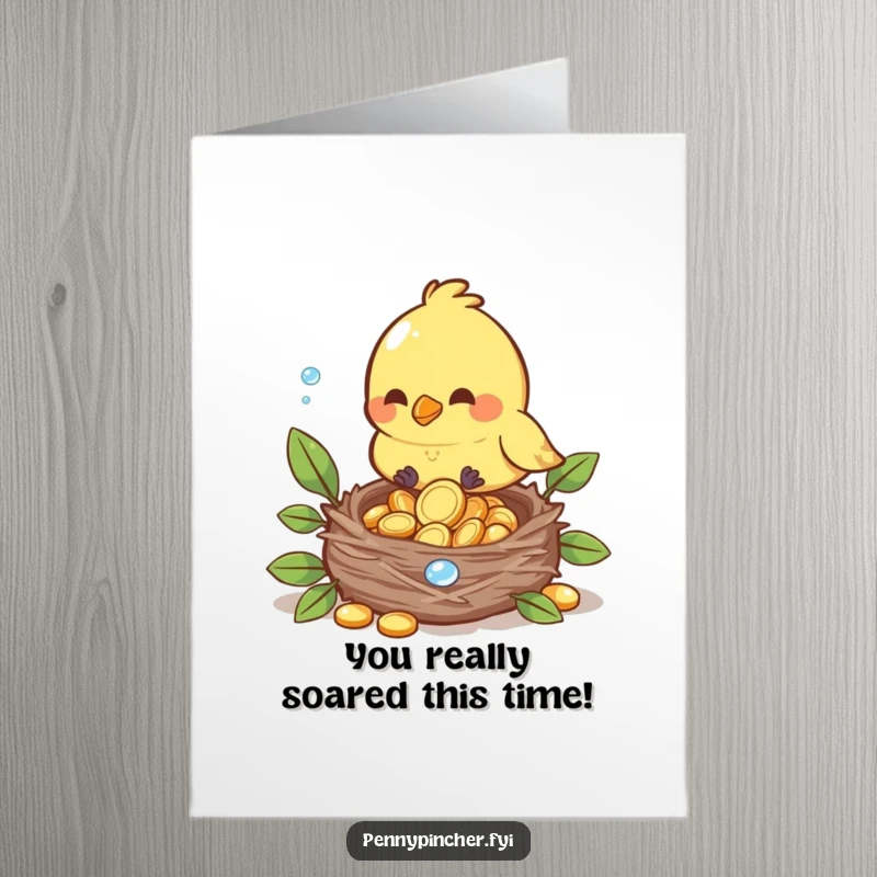 Funny Free Printable Congratulations Card of a little bird character meticulously placing shimmering dewdrop coins into its nest.