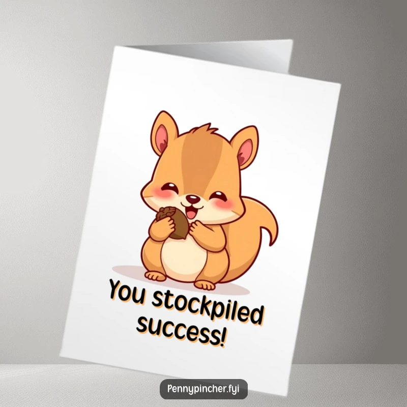 Funny Free Printable Squirrel Congratulations Card: Cute squirrel gleefully stuffing cheeks with acorns, a delightful downloadable design.
