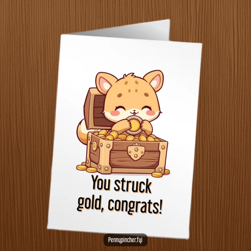 Funny Free Printable Congratulations Card: An animal character secures a treasure chest overflowing with valuable coins.