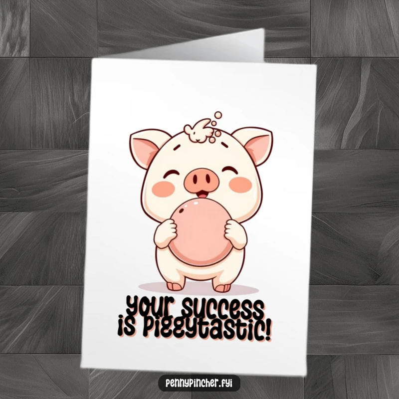 Funny Free Printable Congratulations Card: Animal character beaming while displaying a tiny, overflowing piggy bank, celebrating bountiful success.