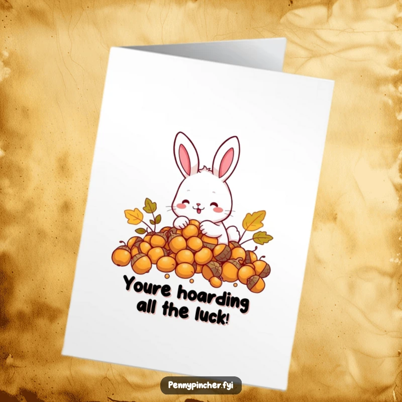 Funny Free Printable Congratulations card featuring a happy rabbit character counting a mound of golden acorns, celebrating prosperity.