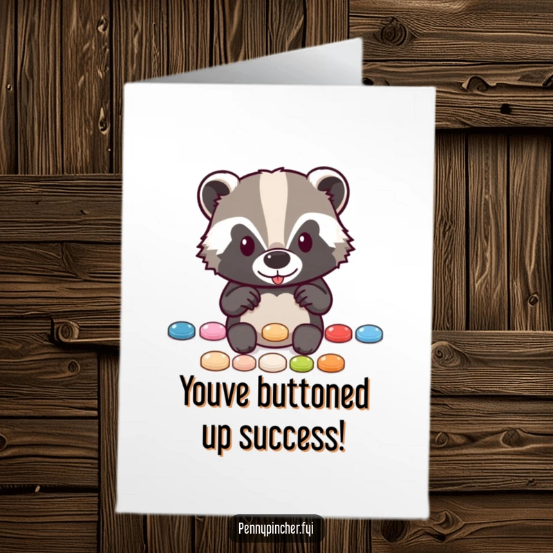 Funny Free Printable Congrats Card: A proud badger proudly displays a neat row of shiny buttons, celebrating a win.