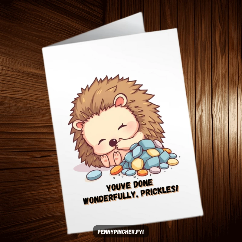 Funny Free Printable Congrats Card: A happy hedgehog nestled beside a collection of shiny treasures, content with its finds.