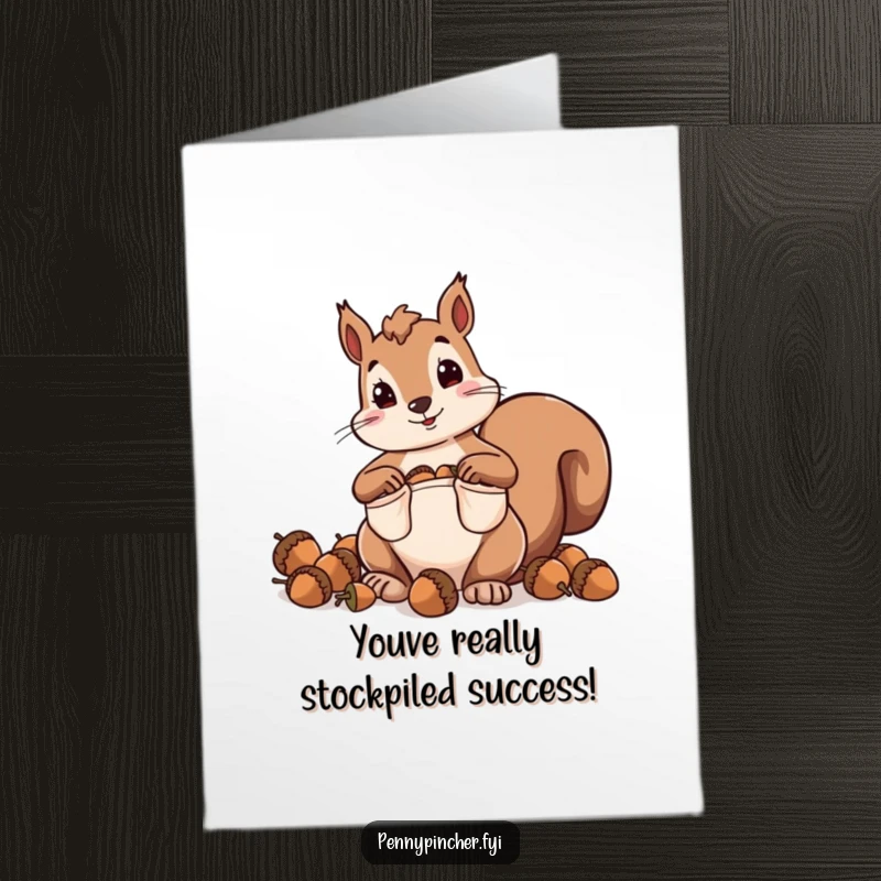 Free Printable Congratulations Card with a squirrel character hoarding acorns with a determined look in its oversized pockets.
