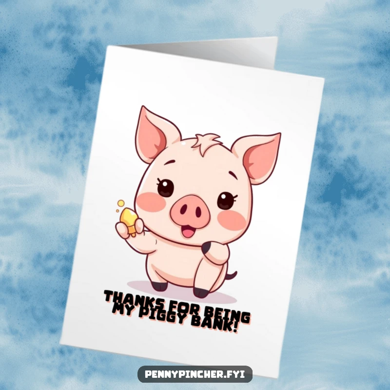 Funny Free Printable Thank You Card: A happy Kawaii piglet excitedly shows off a tiny, shiny object, conveying heartfelt thanks.