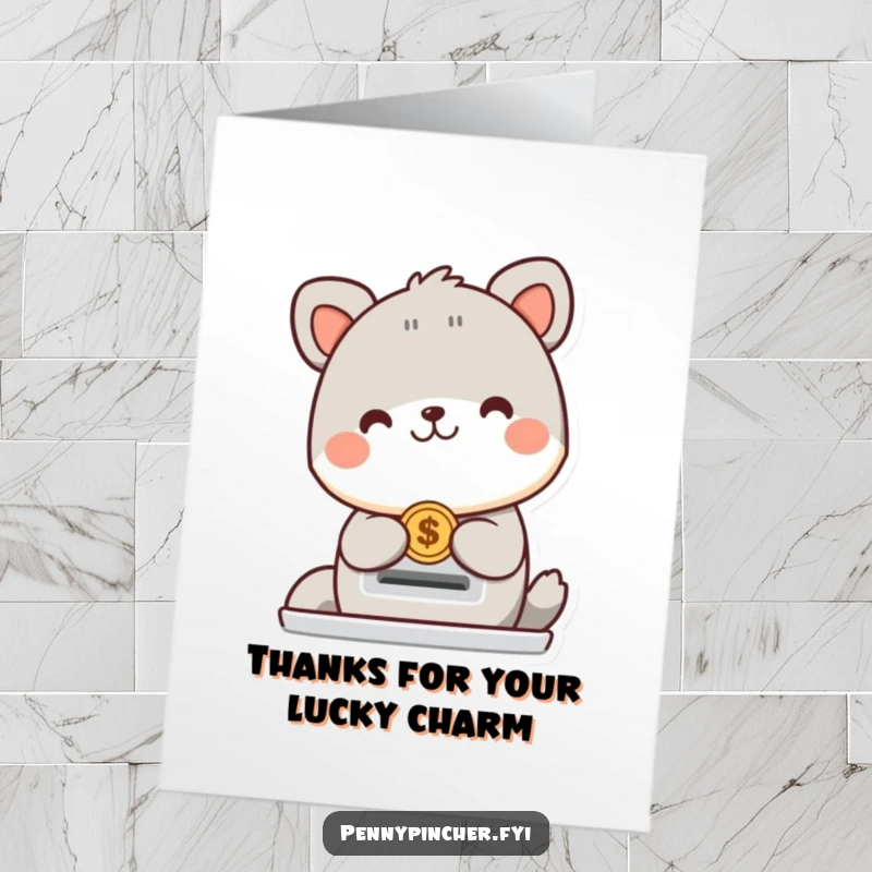 Funny Free Printable Thank You Card: A cheerful animal character smiles while putting a coin into a slot.
