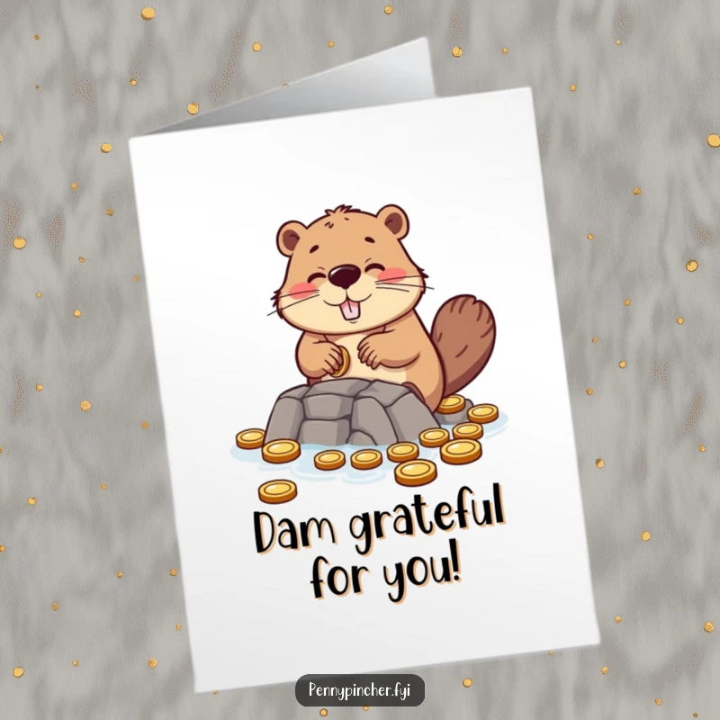 Funny Free Printable Beaver Thank You Card: Hopeful beaver building a coin dam, showing gratitude.