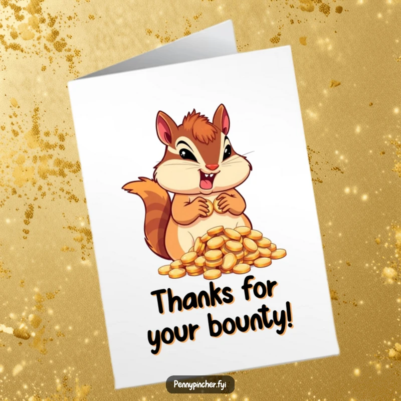 Funny Free Printable Thank You Card: A determined chipmunk with a hoard of coins, conveying abundant thanks with a grateful spirit.