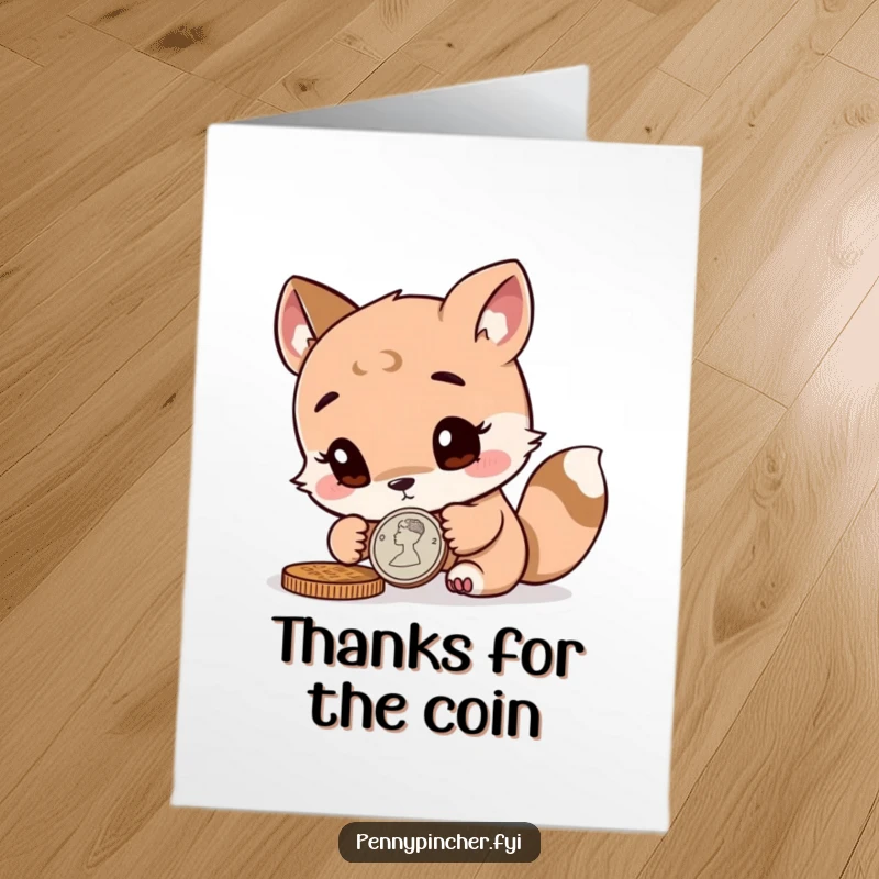 Free Printable Thank You Card depicts a curious animal character examining a coin, pondering the value of your kindness.