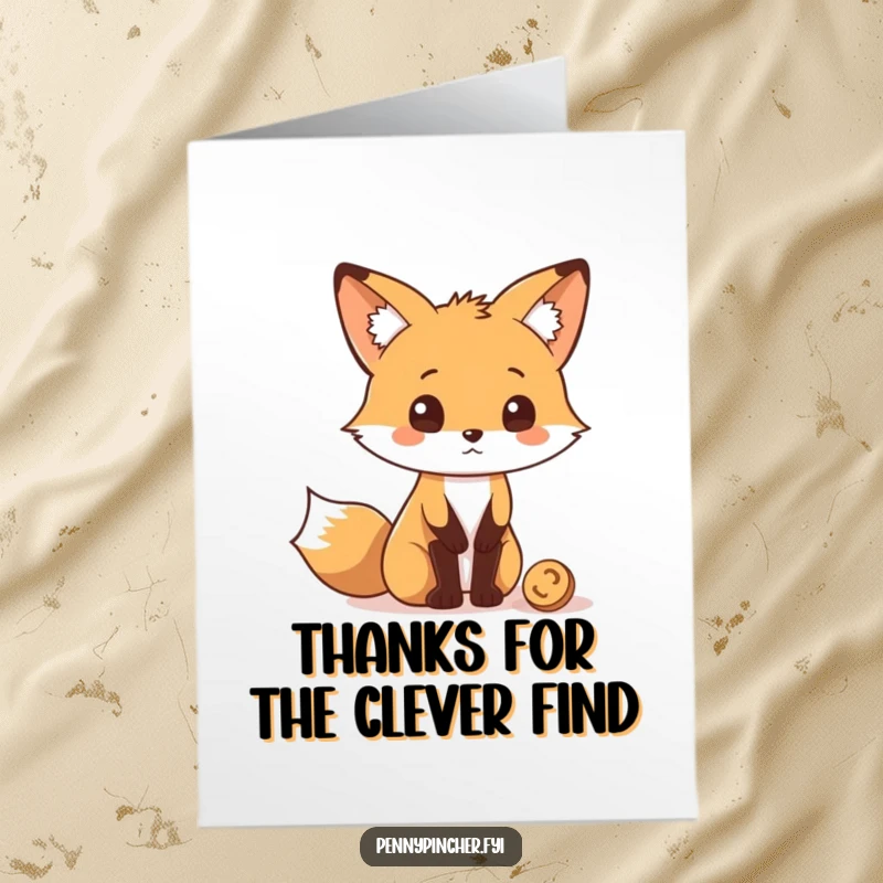 Funny Free Printable Thank You Card: A quizzical fox character looking at a single coin, contemplating its meaning.