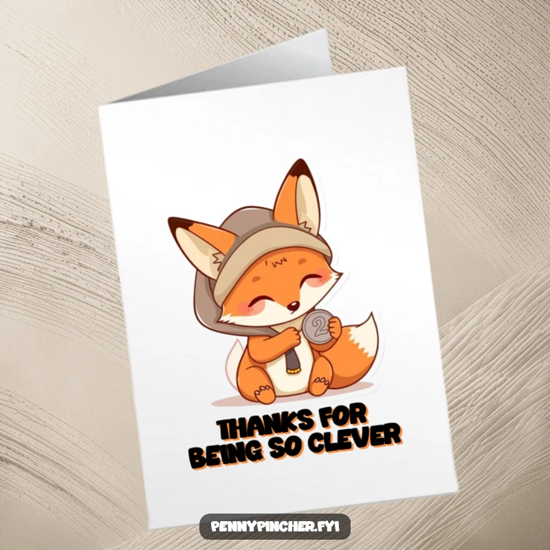 Funny Free Printable Thank You Card: Kawaii fox carefully examining a shiny coin, offering it with a humorous, thankful expression.