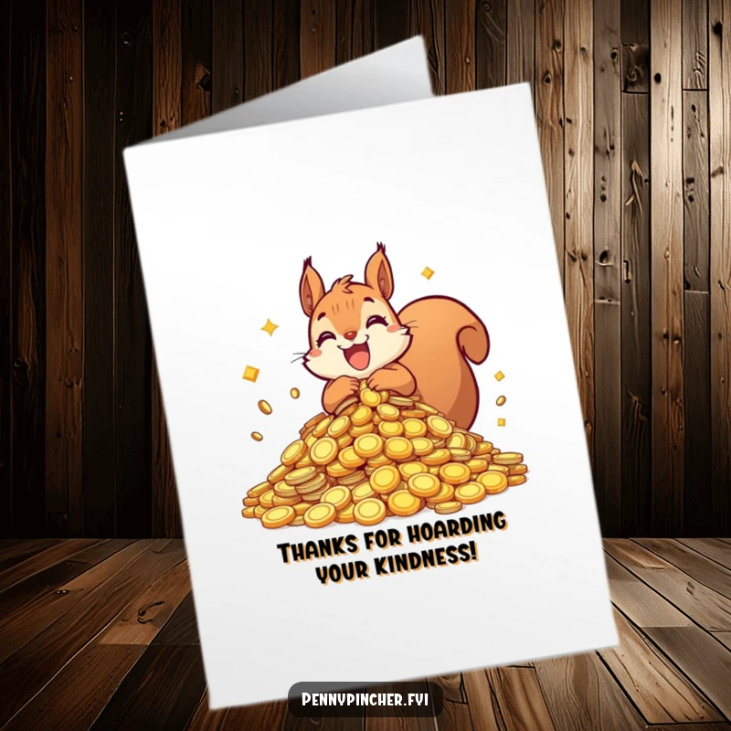 Funny Free Printable Squirrel Thank You Card: Squirrel character happily hoarding an abundance of shiny coins, expressing thanks.