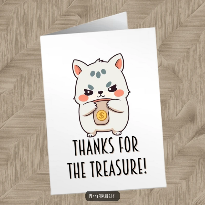 Funny Free Printable Thank You Card: Cute animal character tightly holding coin purse, humorously thanking you for your generosity.