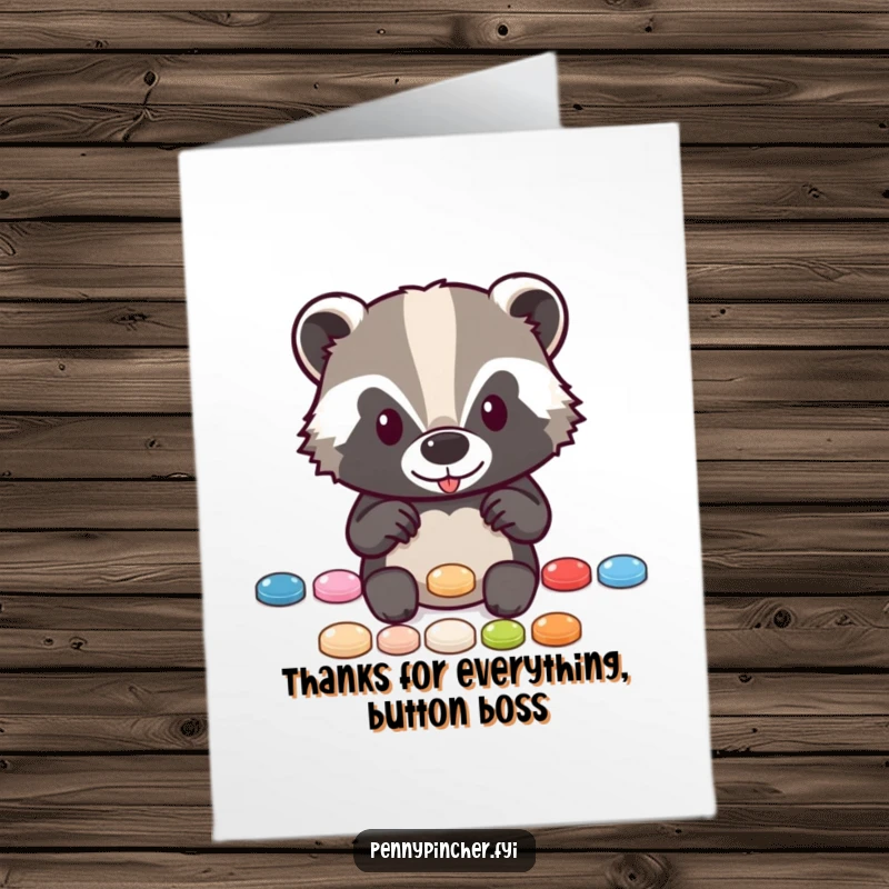 Funny Free Printable Thank You Card: Cute badger offering a shiny button from its neat collection as a thank you.
