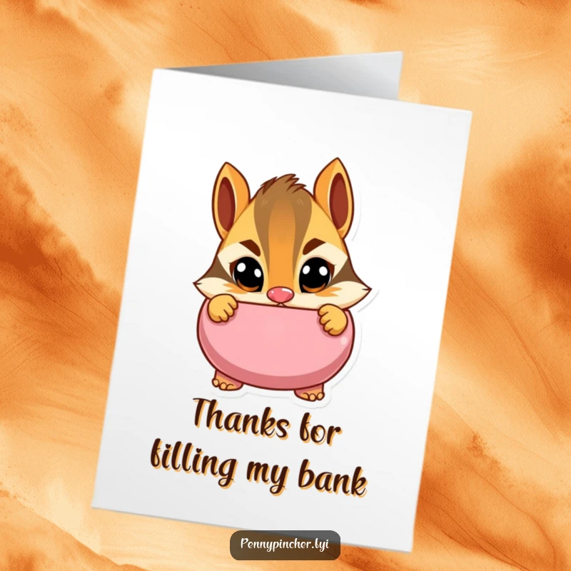 Funny Free Printable Thank You Card: Cautious chipmunk peeking into a piggy bank with wide eyes, a humorous downloadable gift