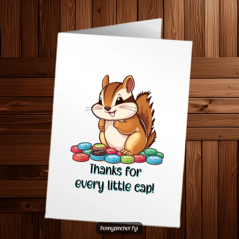 Funny Free Printable Thank You Card: Chipmunk proudly displaying its collection of bottle caps with a thankful grin.