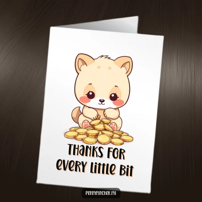 Funny Free Printable Thank You Card: Cute animal character meticulously counting shiny coins, offering a humorous thank you for your kindness.