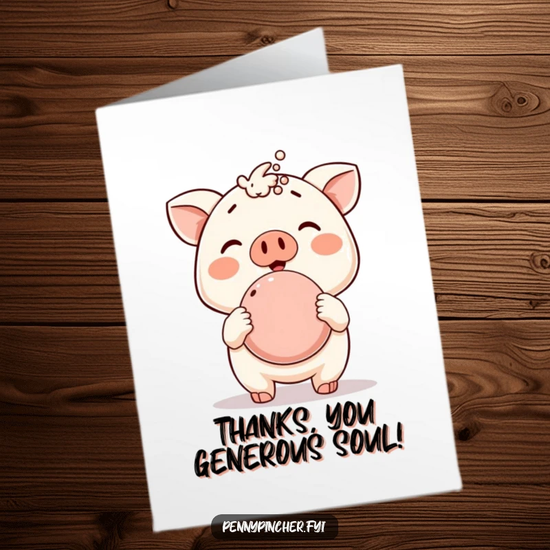 Funny Free Printable Thank You Card: Cute animal character joyfully presenting an overflowing piggy bank, humorously expressing thanks for your bounty.