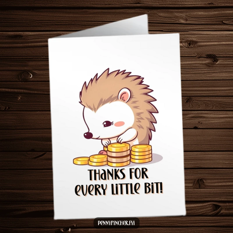 Funny Free Printable Thank You Card: a thrifty hedgehog neatly lines up shiny coins, offering heartfelt thanks.