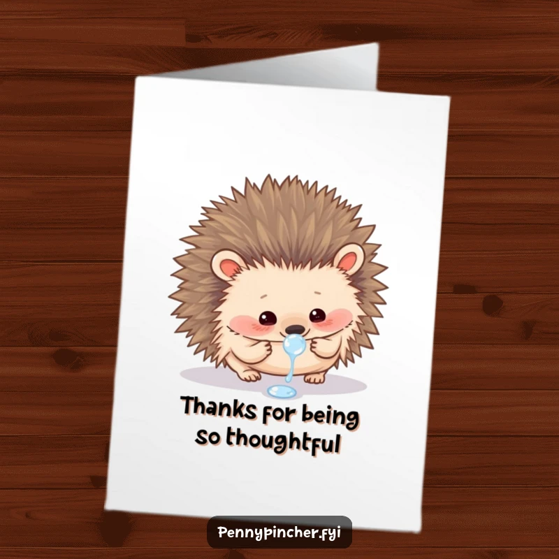 Funny Free Printable thank you card featuring a curious hedgehog examining a dewdrop, conveying appreciation for subtle beauty.