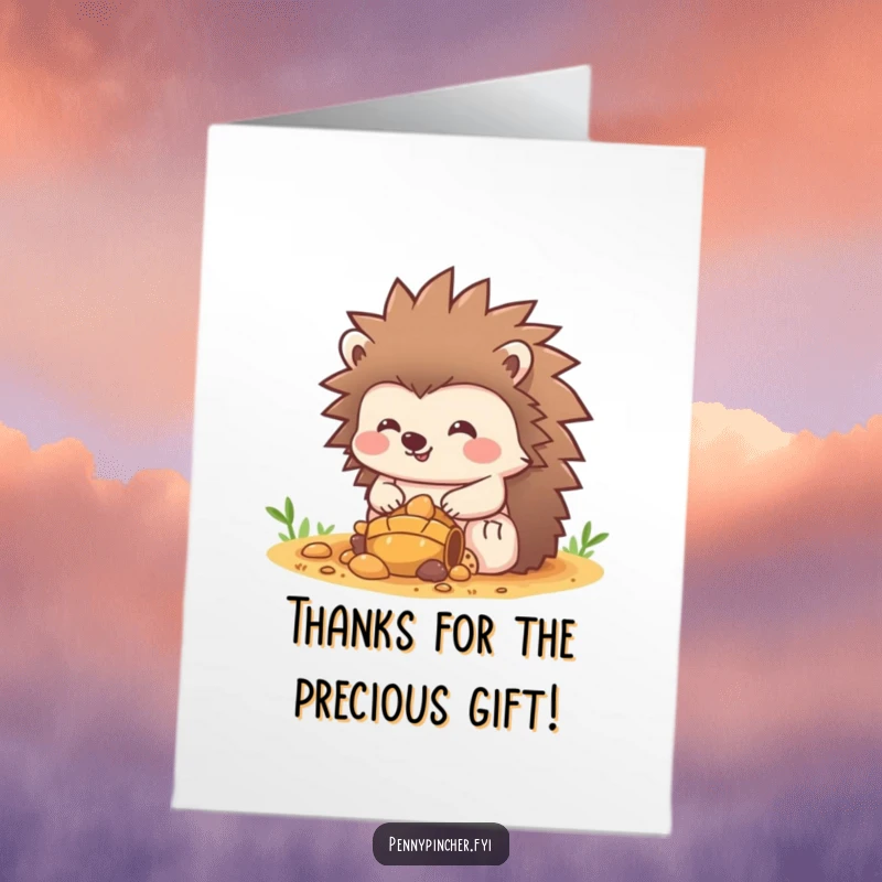 Funny Free Printable Thank You Card: A cheerful hedgehog with a mischievous grin guards a hoard of sparkling treasure.