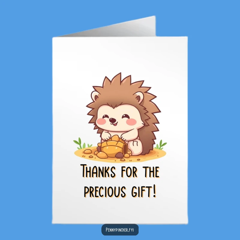 Free Printable Thank You Card: Hilarious Hedgehog Guarding Treasure, Downloadable Gift