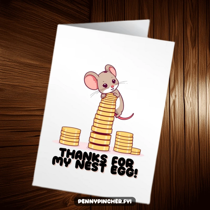 Funny free printable thank you card: A determined mouse stacking coins into a wobbly tower to express gratitude.