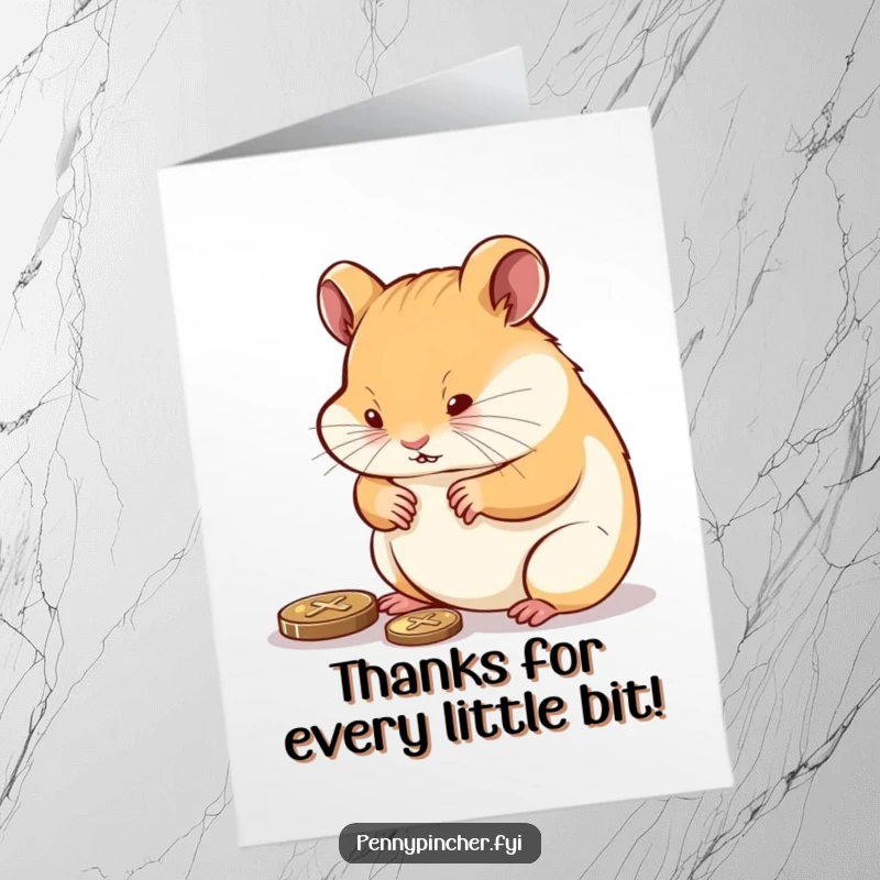 Funny Free Printable Thank You Card: A determined hamster carefully polishes a tiny penny until it gleams brightly.