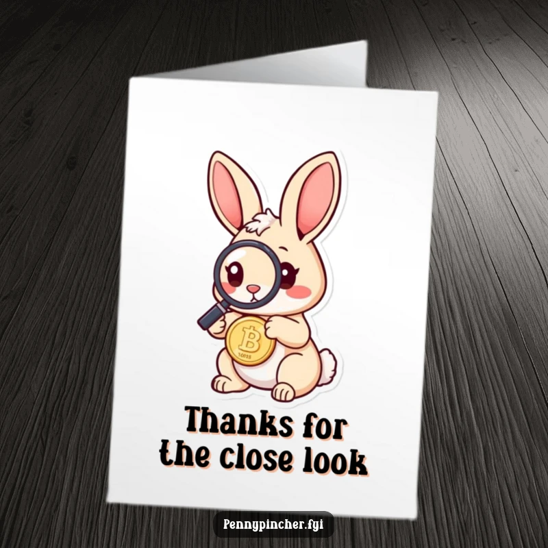 Funny Free Printable Thank You Card: Rabbit uses a magnifying glass to inspect a coin, showing thanks.