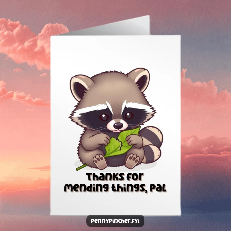 Funny Free Printable Thank You Card: A resourceful raccoon meticulously sewing up a tiny hole in a leaf, a unique thank you.