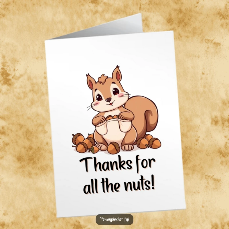 Funny Free Printable Thank You Card showing a squirrel character hoarding acorns with satisfaction in its oversized pockets.