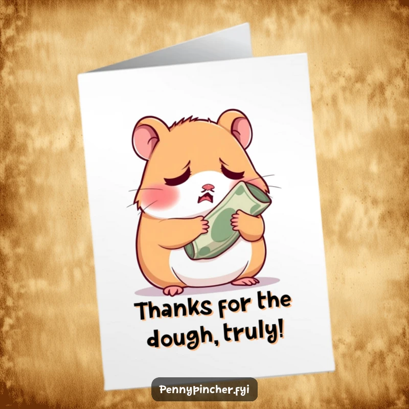 Funny free printable thank you card: A hamster looks worried while handing over a single rolled bill, a small token of thanks.