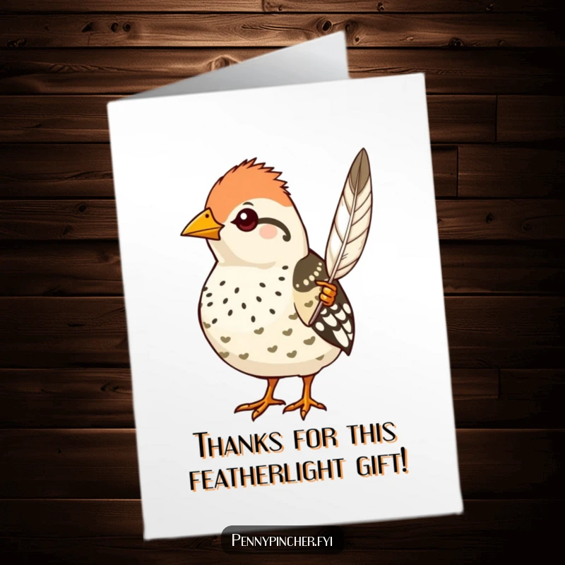 Funny free printable quail thank you card, proud quail proudly displays a single perfect feather, gracious thanks.