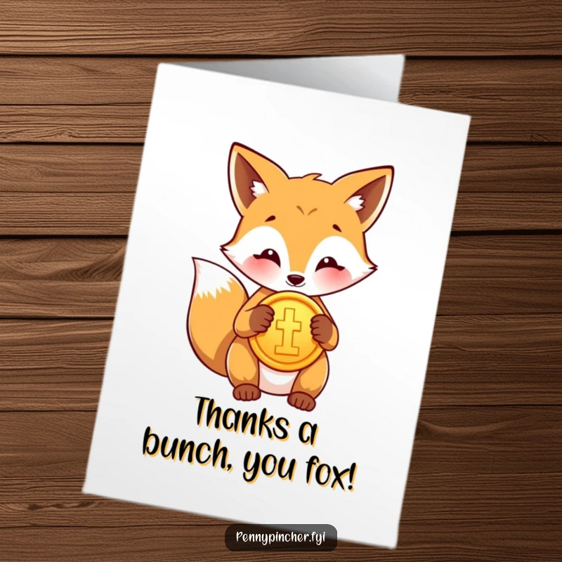 Funny Free Printable Fox Thank You Card: Proud fox polishing a gold coin, expressing genuine thanks.