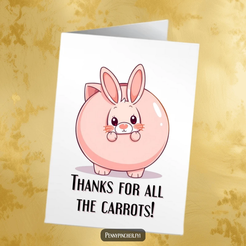 Funny free printable thank you card: A shy rabbit peeks out from behind an oversized piggy bank, a sweet gesture of thanks.