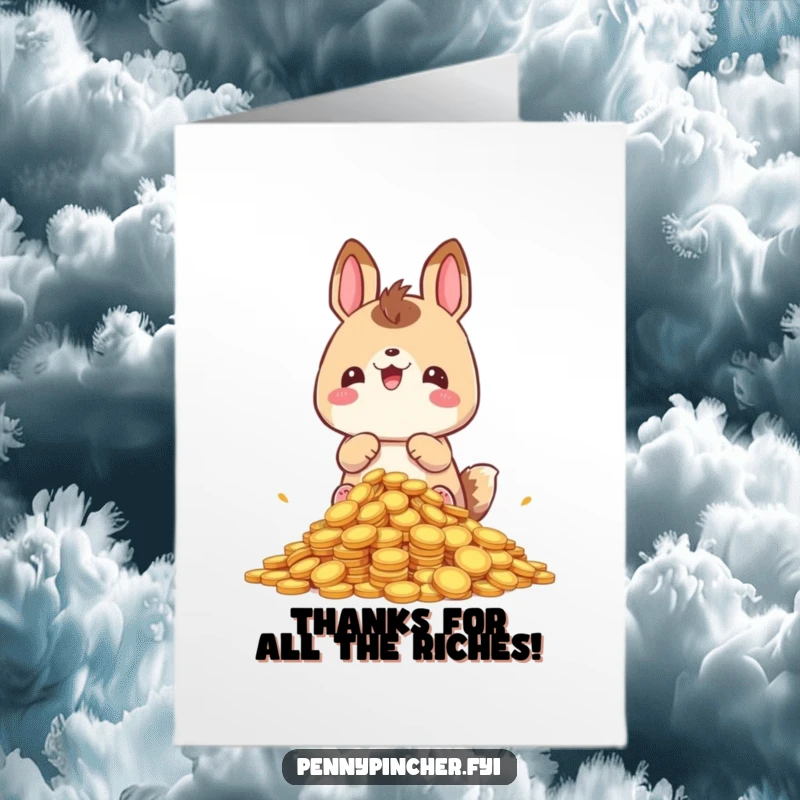 Funny Free Printable Thank You Card: A joyful animal character proudly protecting a vast collection of shiny coins.