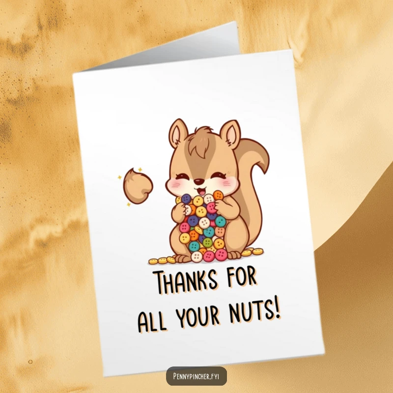 Funny Free Printable Thank You Card: A mischievous squirrel stuffs shiny buttons into its chubby cheeks.