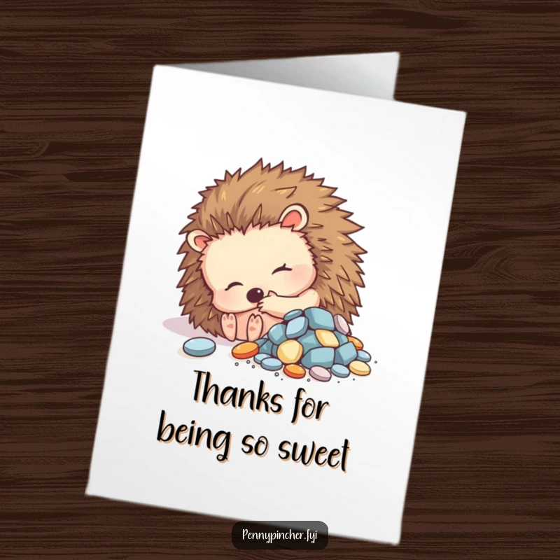 Funny Free Printable Thank You Card: A content hedgehog resting beside shiny objects, offering one as a gesture of thanks.