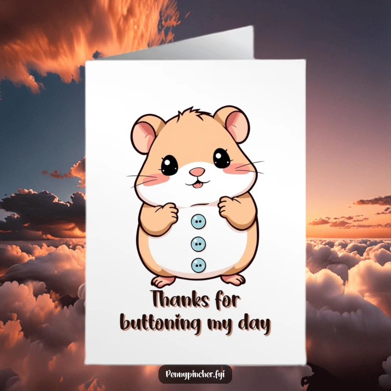 Funny Free Printable Thank You Card with a hamster character meticulously arranging shiny buttons as a symbol of gratitude.